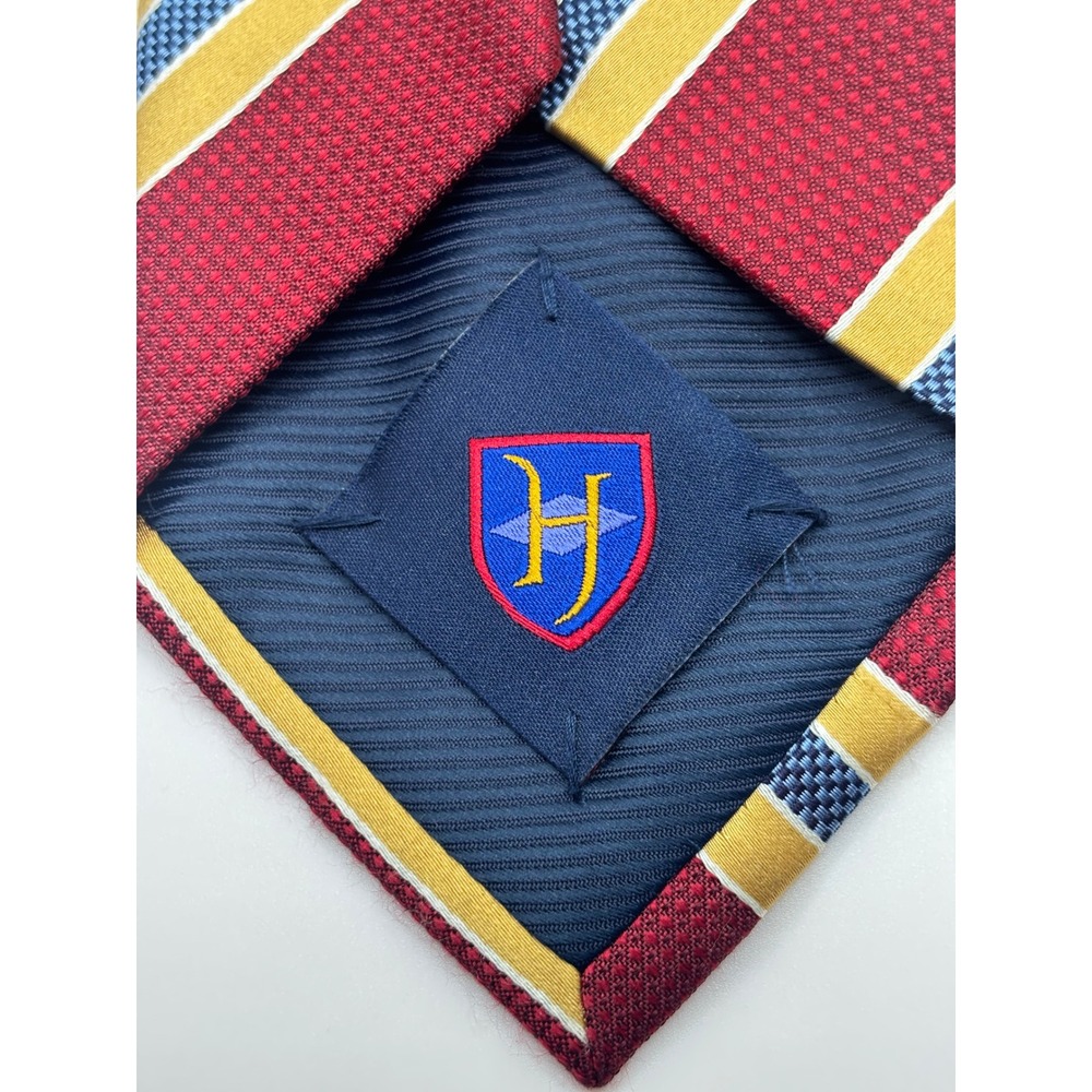 Henry Jacobson Mens Silk Tie Burgundy Gold Blue Striped Regimental Hand Made - Picture 6 of 8